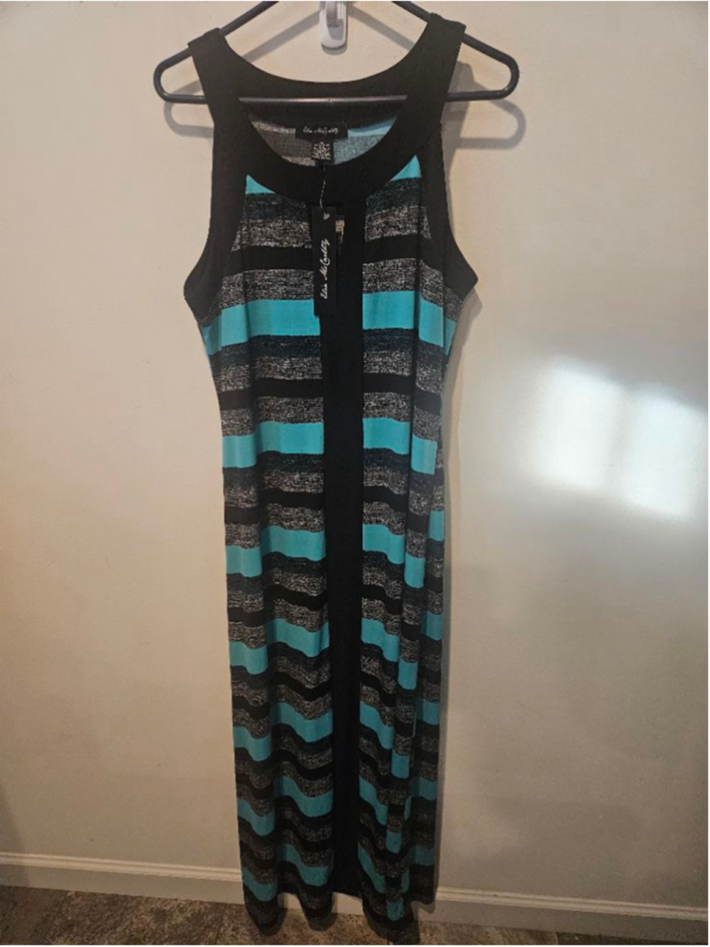 Women's Elie McCarthy NWT Maxi Dress XL Black Turquoise Striped